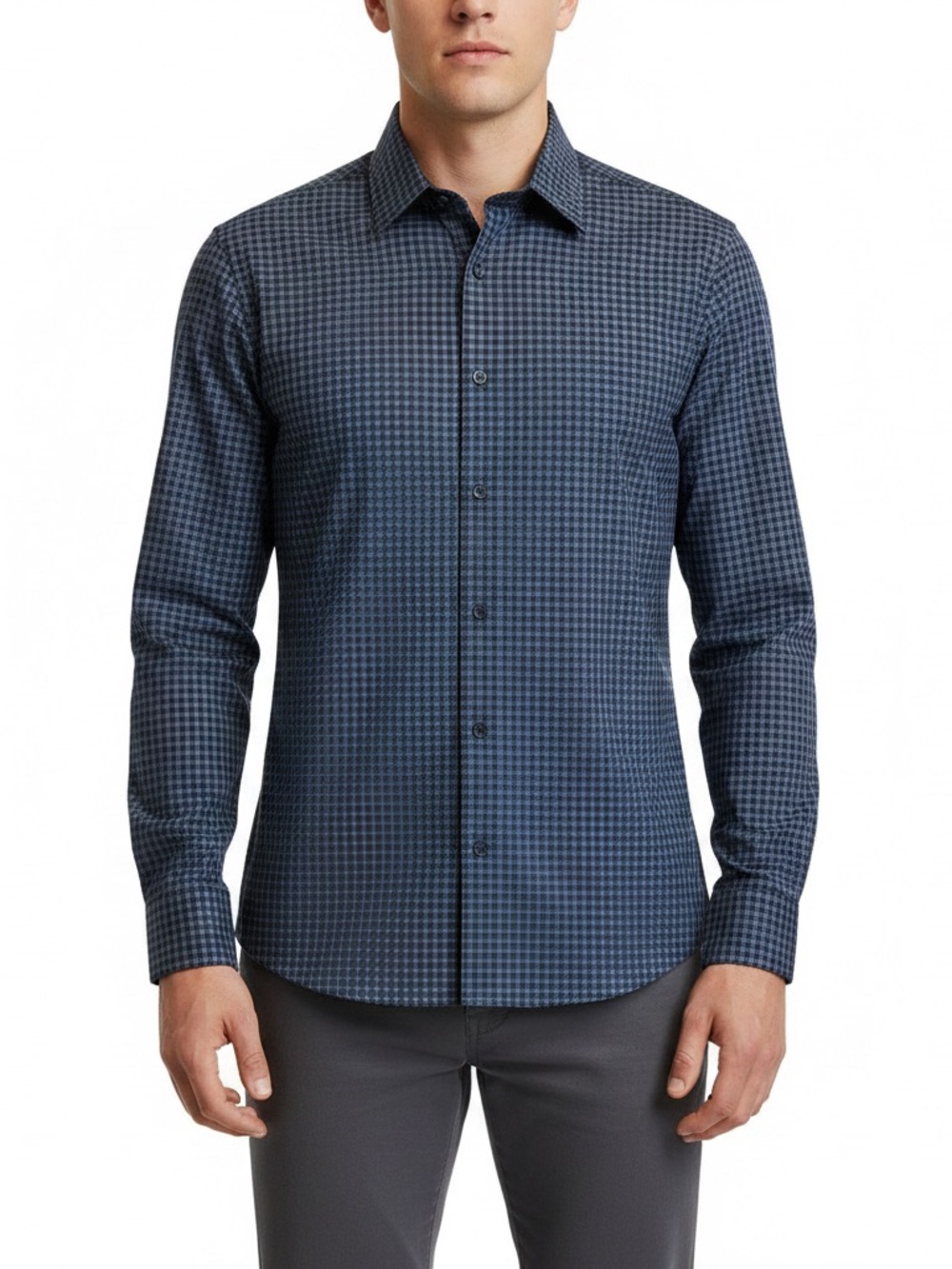 Men's Society of Threads Blue Tan Patterned Long-Sleeve Dress Shirt